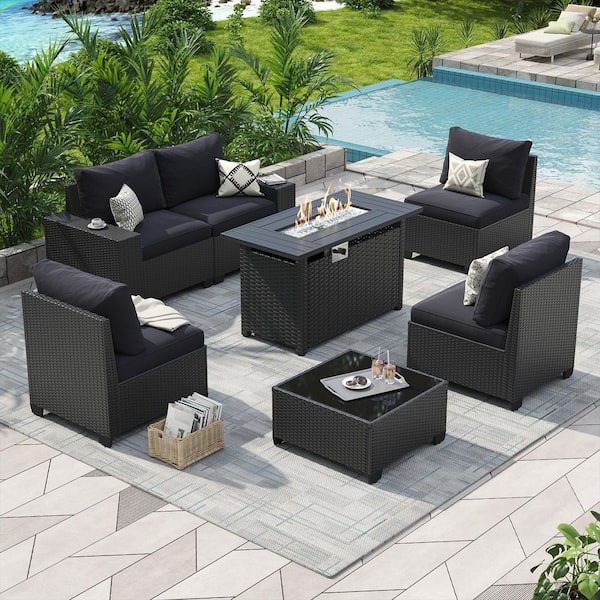 Black 7-Piece Wicker Patio Set w/ Black Cushions