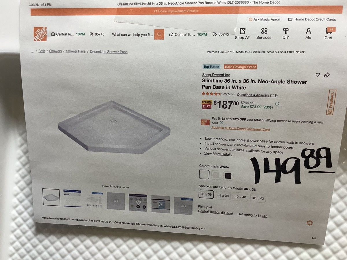 Neo-Angle Shower Pan Base, White