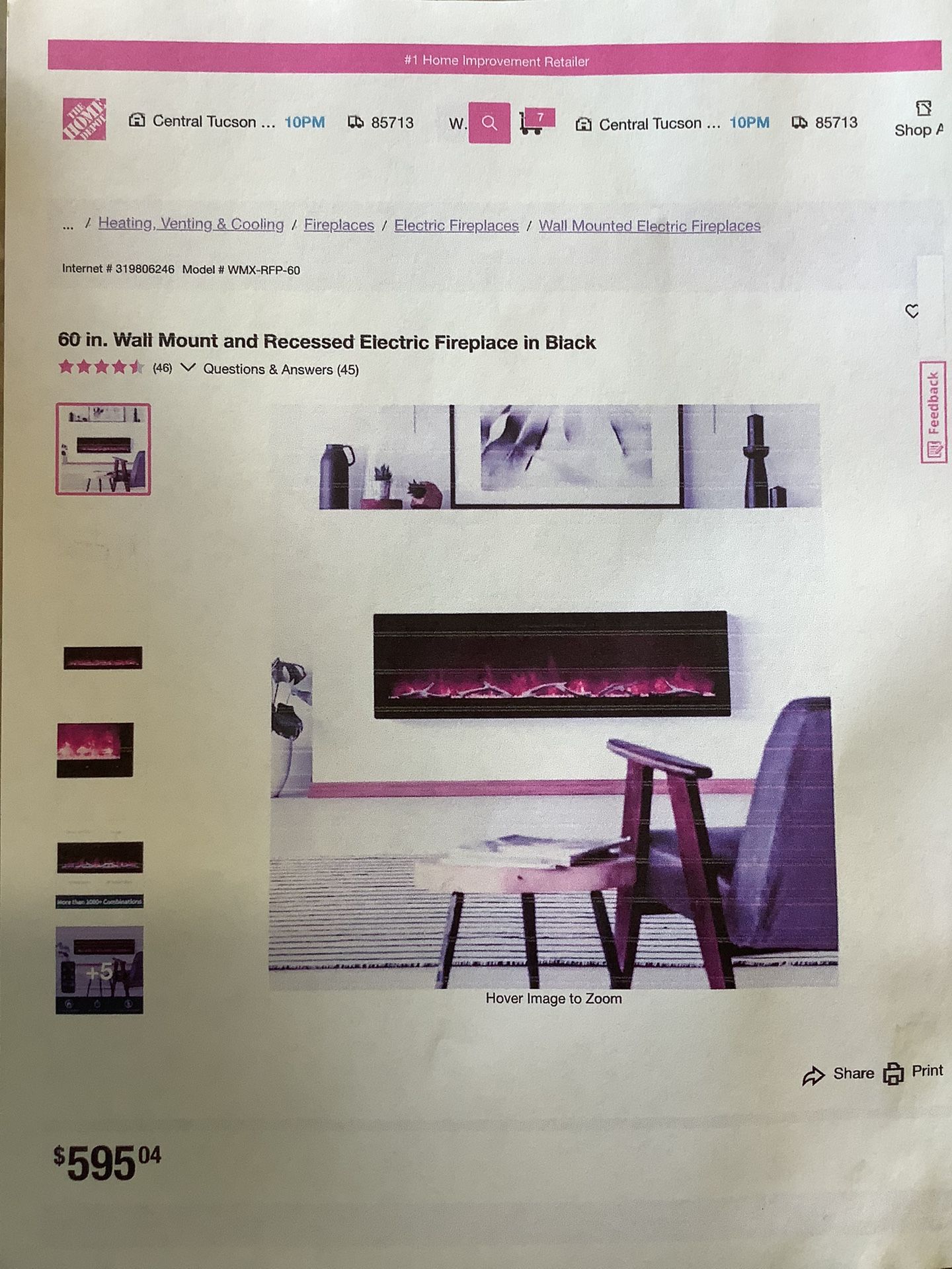 60 in. Wall Mount Electric Fireplace
