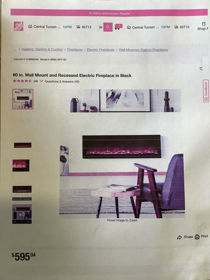 60 in. Wall Mount Electric Fireplace