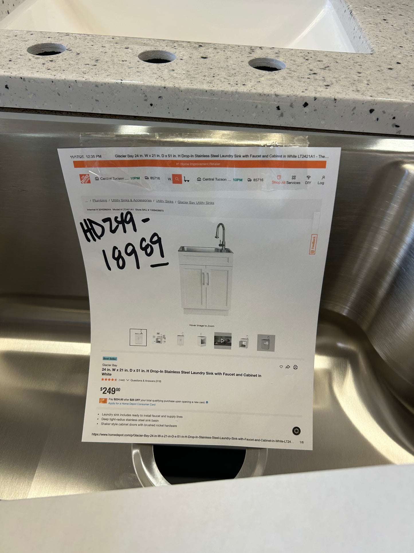 Glacier Bay drop in laundry sink