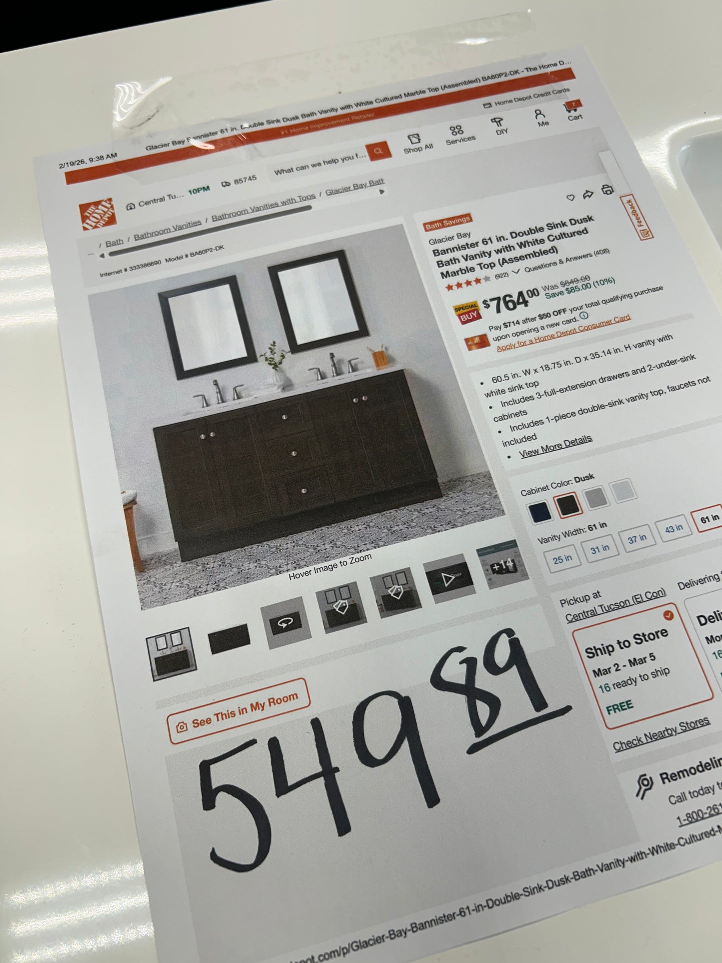 Banister 61 inch double sink bathroom vanity