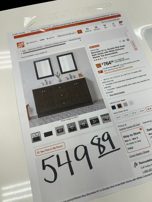 Banister 61 inch double sink bathroom vanity