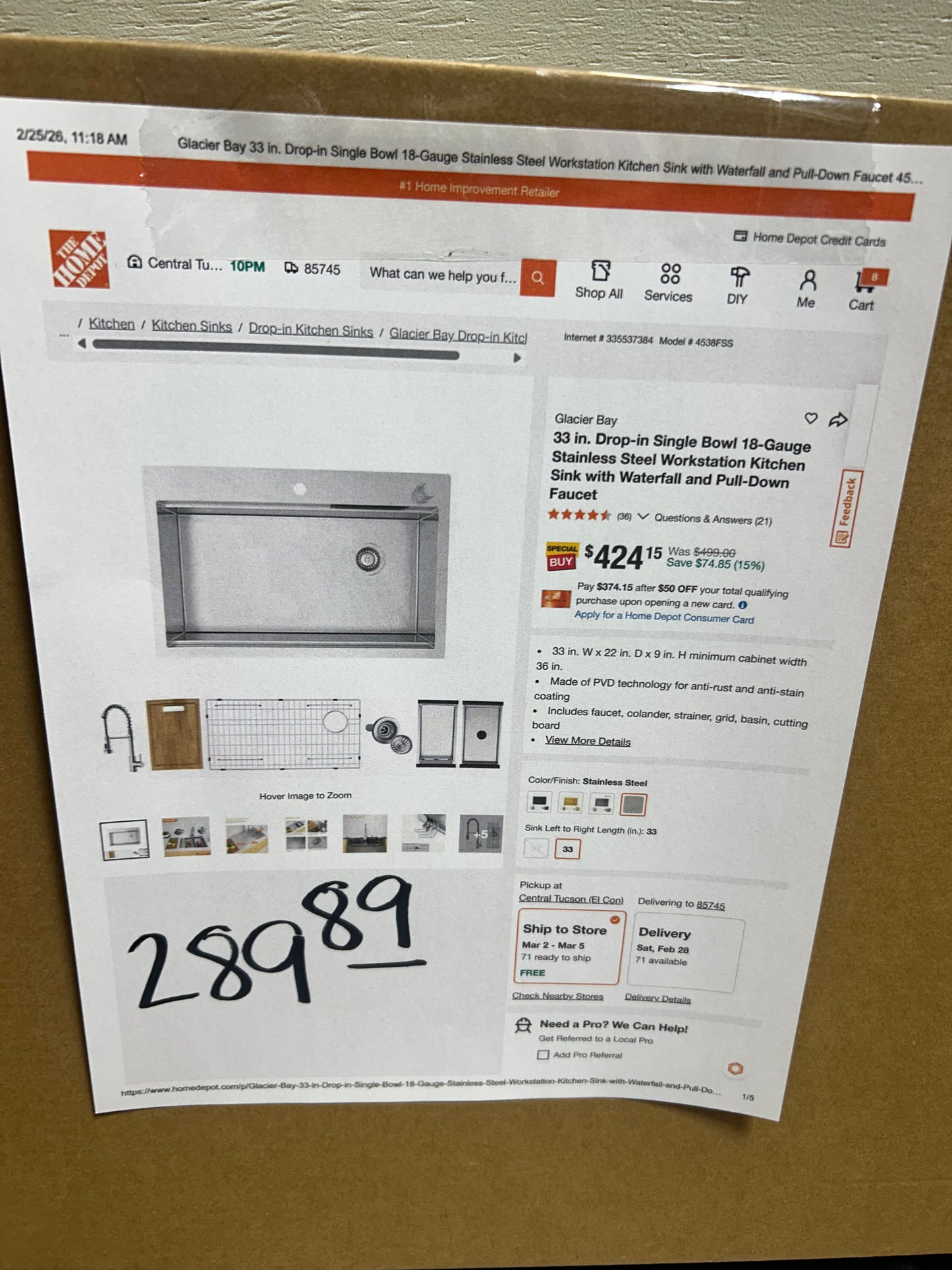 Glacier Bay single bowl, stainless steel kitchen sink