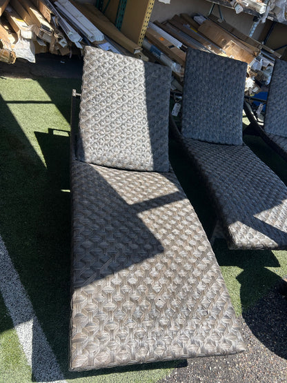 Brown, folding wicker outdoor lounge chairs ￼
