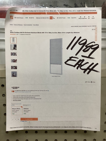 20 in. x 64 in. Door Windows w/ Blinds