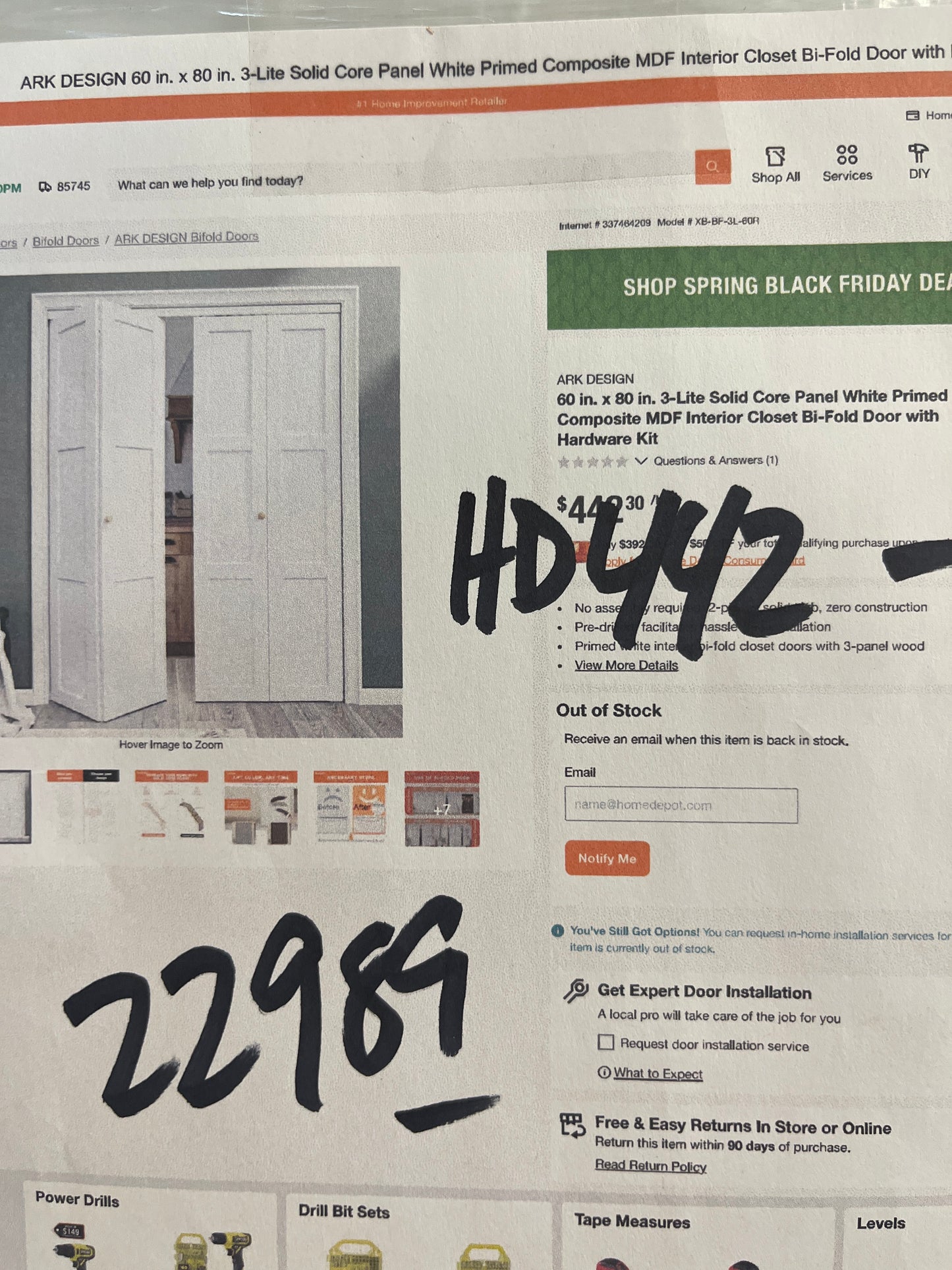 Three light solid core panel closet, bifold doors with hardware kit