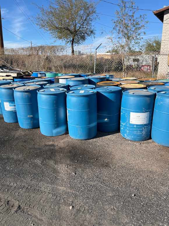 Blue plastic, 55 gallon drums